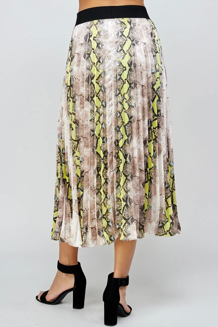 Animal Print Pleats Midi Skirt - Neon Yellow/Green