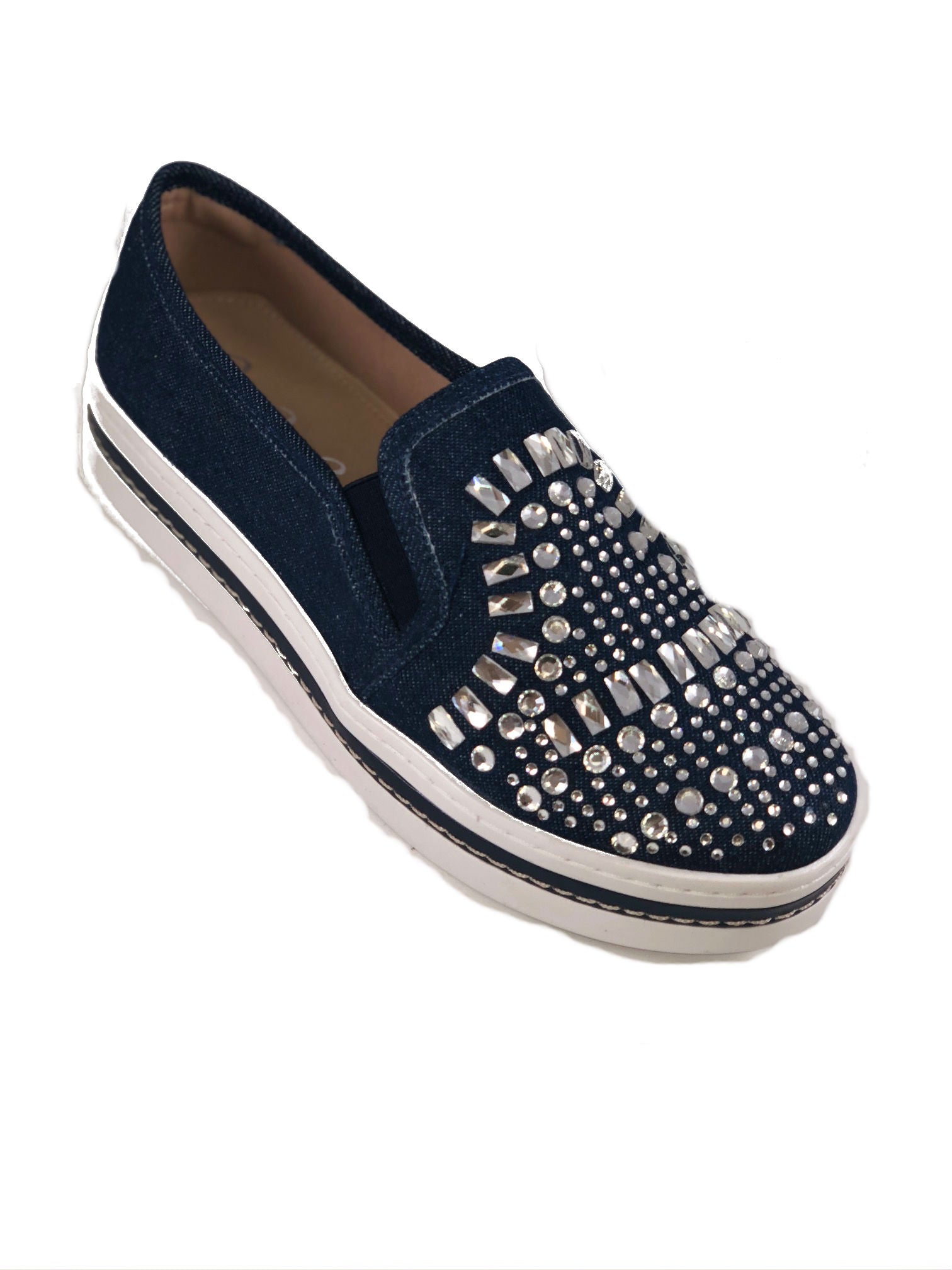 denim slip on shoe with rhinestones and comfort insole flat boat shoe casual shoes with rhinestones