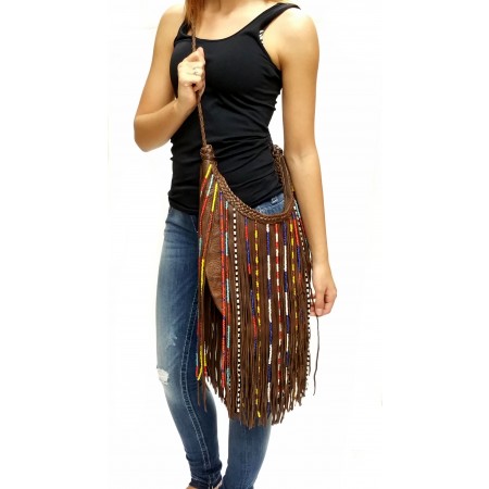 Fringe Leather Beaded Crossbody Purse - Brown