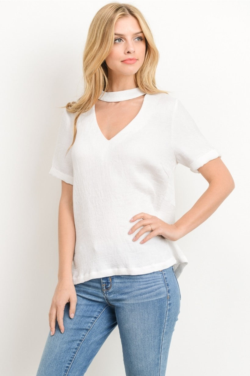 women White mock neck choker short sleeve zipper in the back blouse