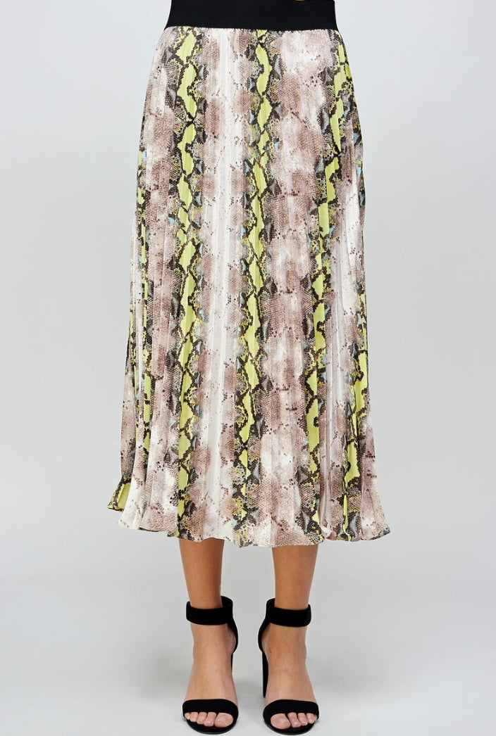Animal Print Pleats Midi Skirt - Neon Yellow/Green