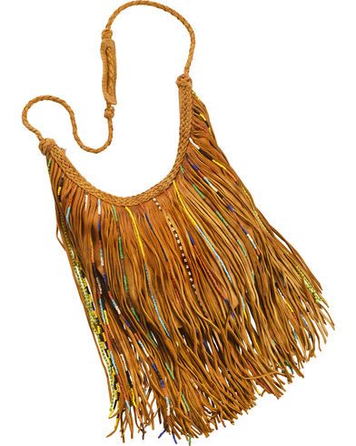 Fringe Leather Beaded Crossbody Purse - Tan