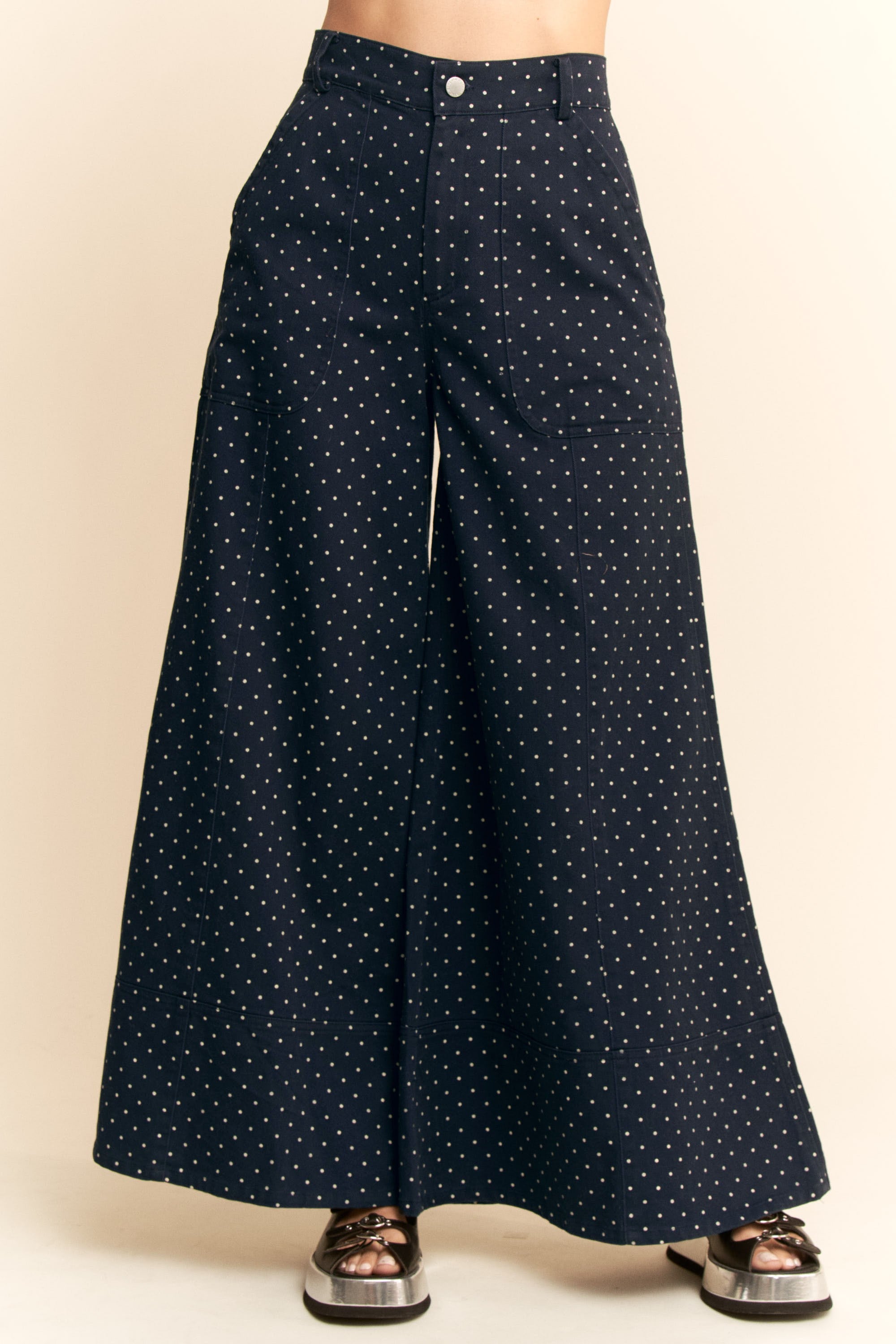 Navy Polka Dot Wide Leg Pants