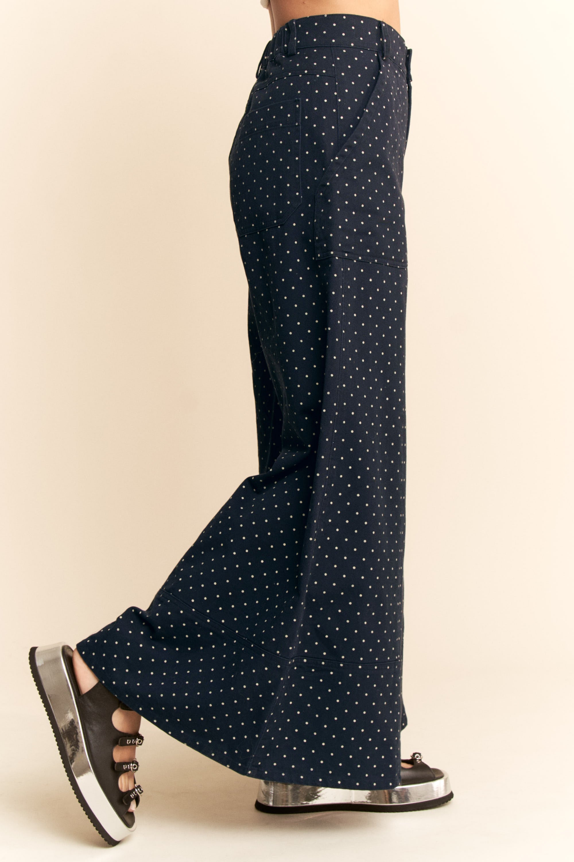 Navy Polka Dot Wide Leg Pants