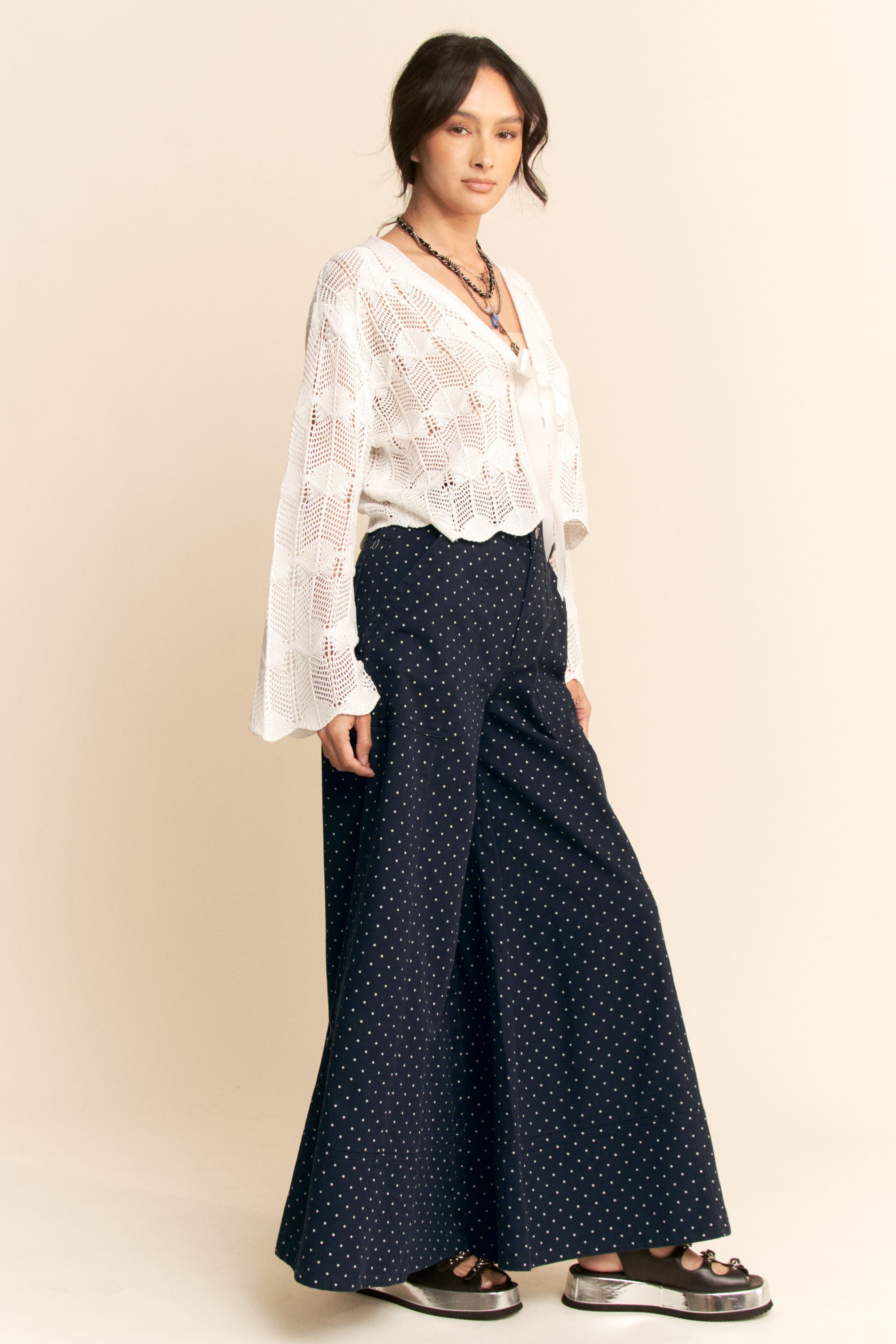 Navy Polka Dot Wide Leg Pants