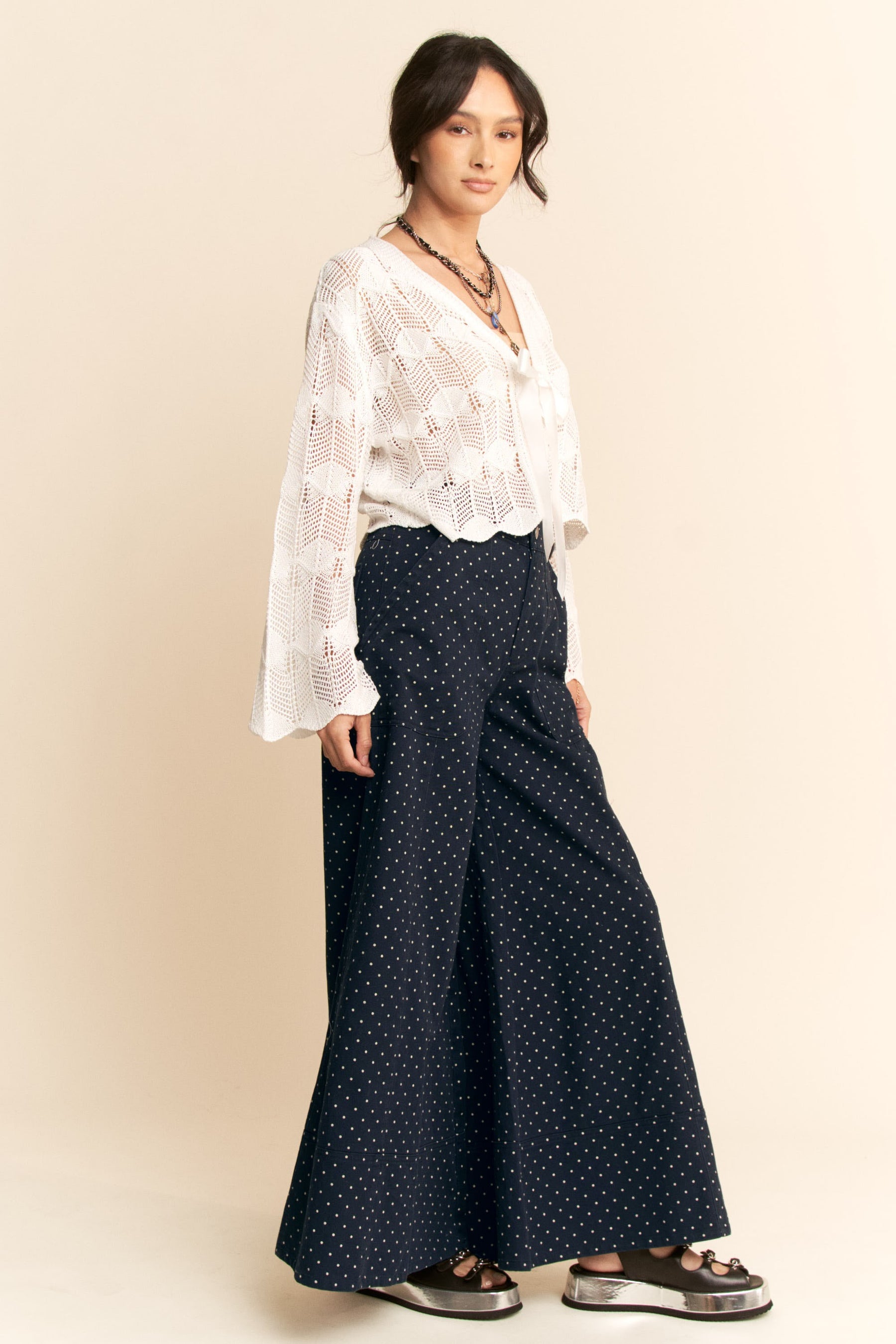 Navy Polka Dot Wide Leg Pants