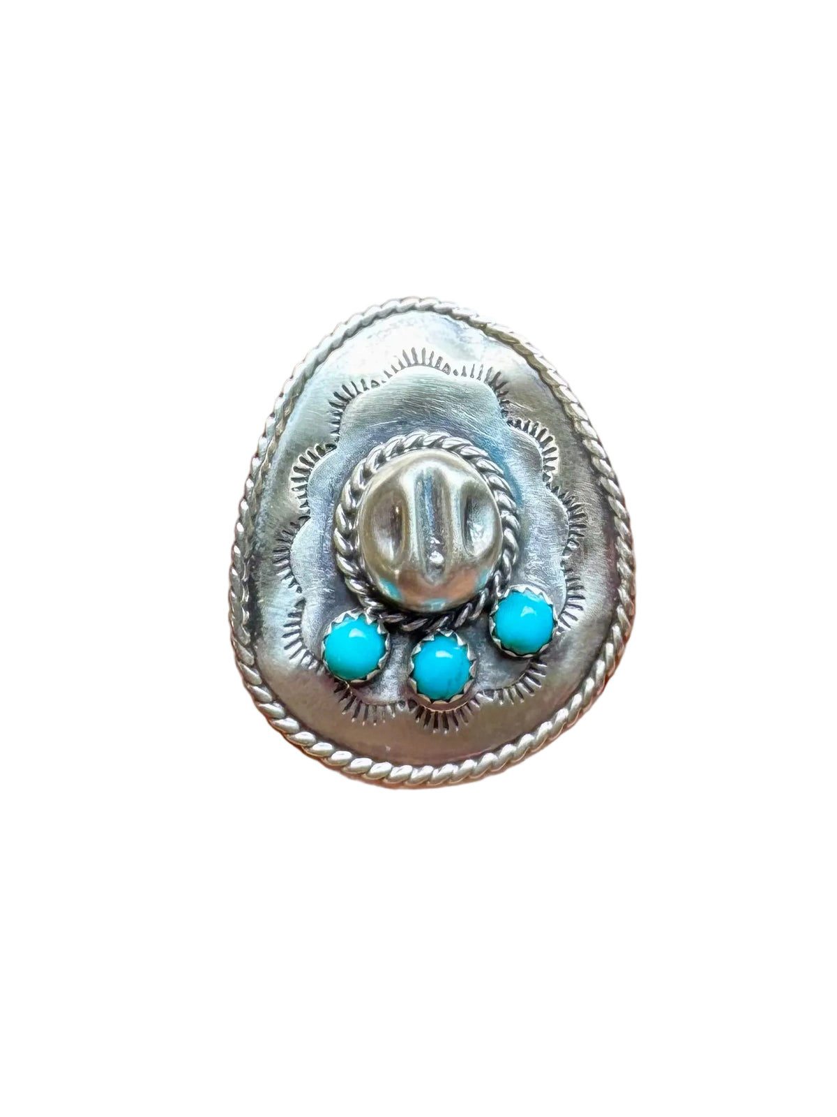 Cowboy Hat Ring with Kingman Turquoise – Triple Stone – Size 7.5 – Sterling Silver — product photo.
