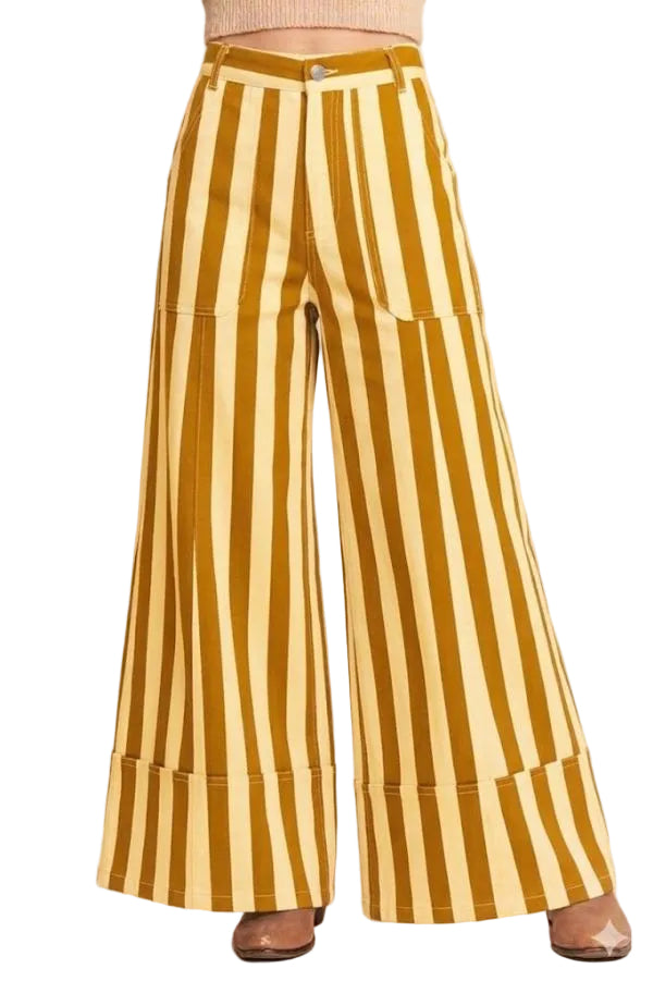 Striped Wide Leg Cuff Pants-Mustard