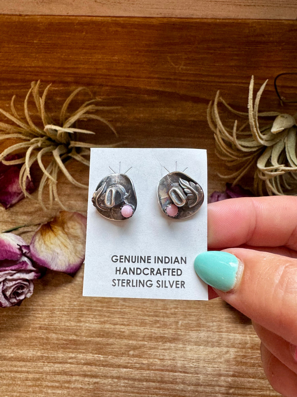 Mini Cowboy Hat Stud Earrings with Pink Conch — product photo.