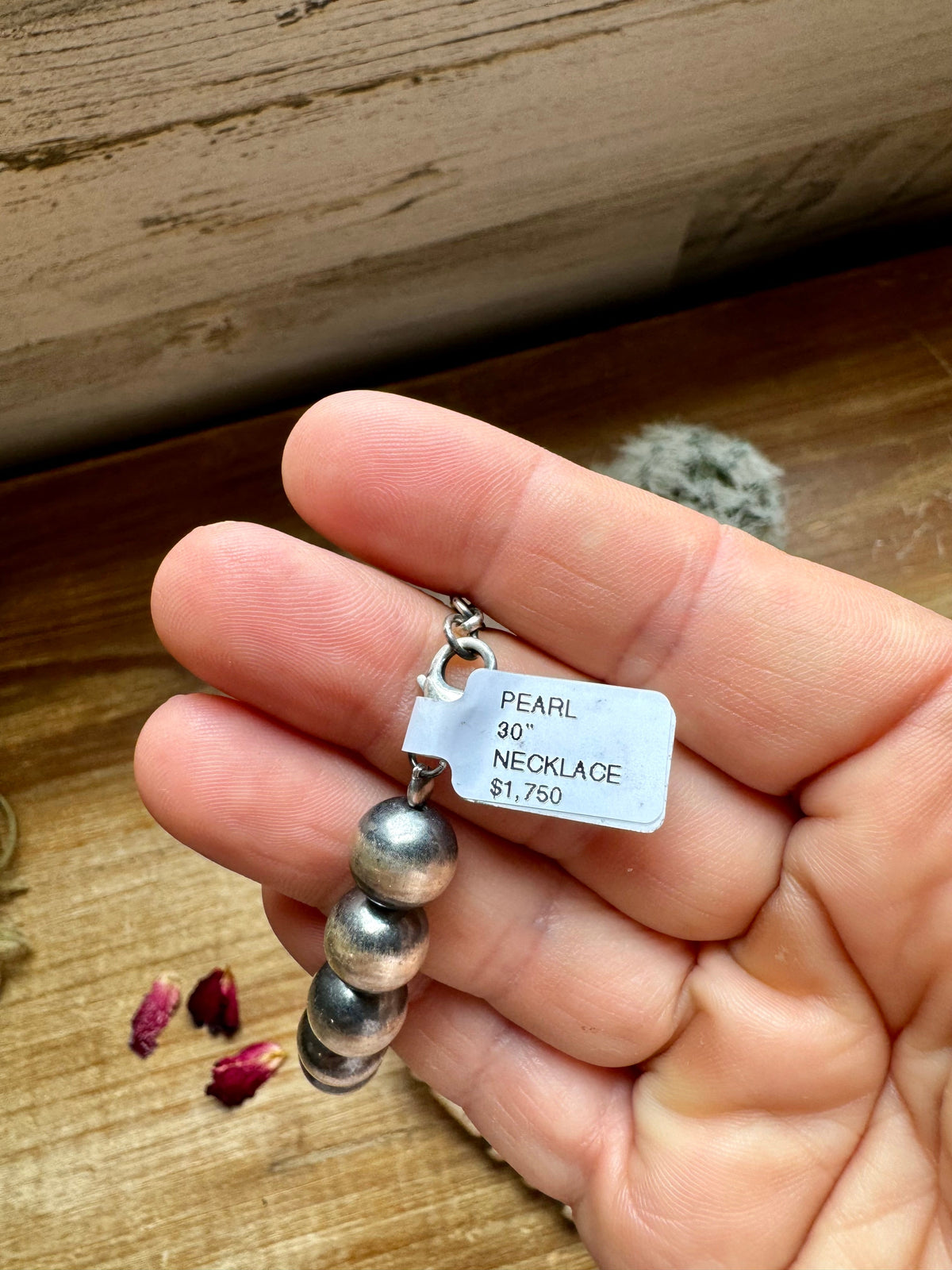 Sterling silver pearls - 30 inch with barrel beads — product photo.