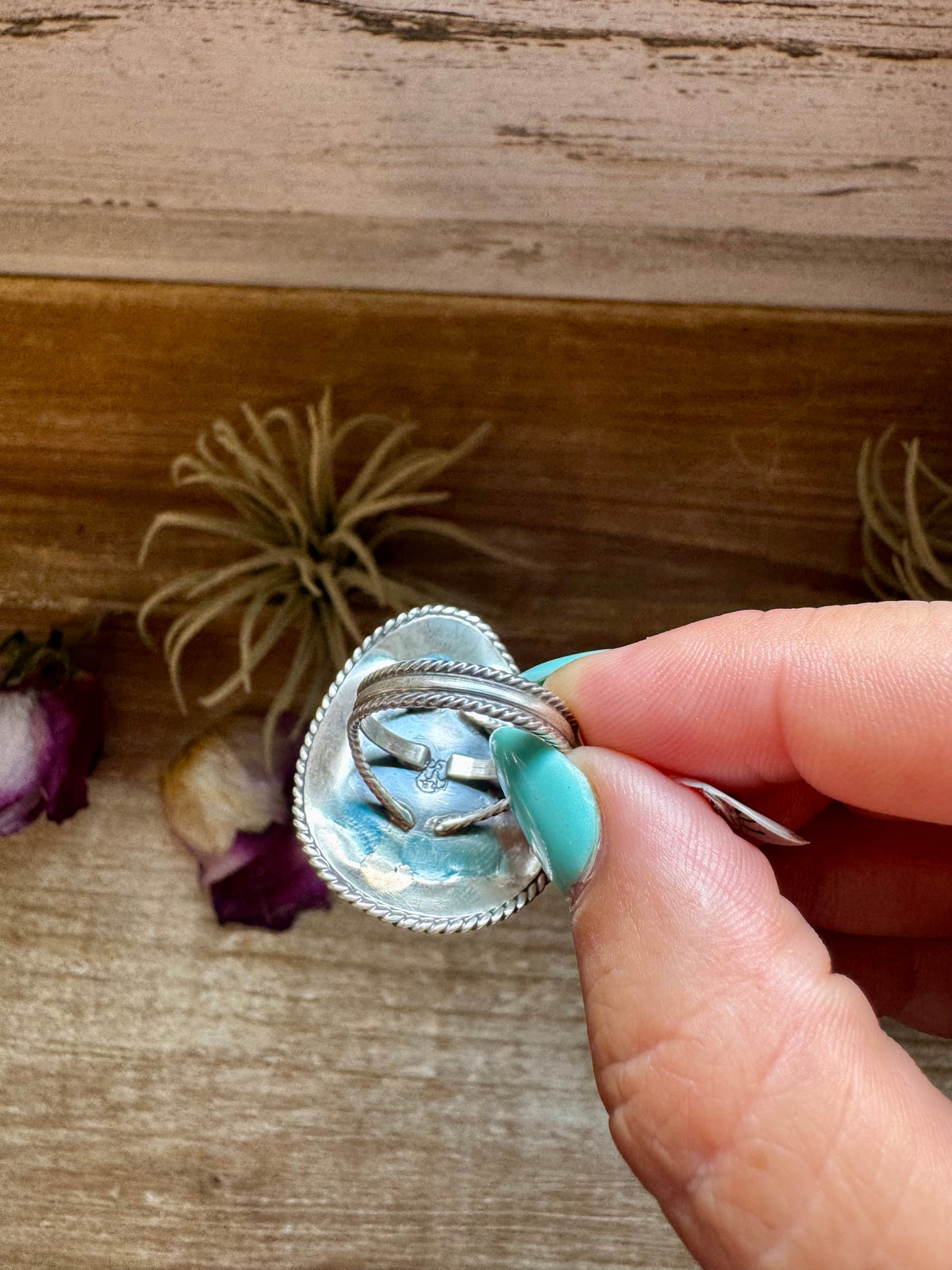 Cowboy Hat Ring with Kingman Turquoise – Triple Stone – Size 7.5 – Sterling Silver — product photo.