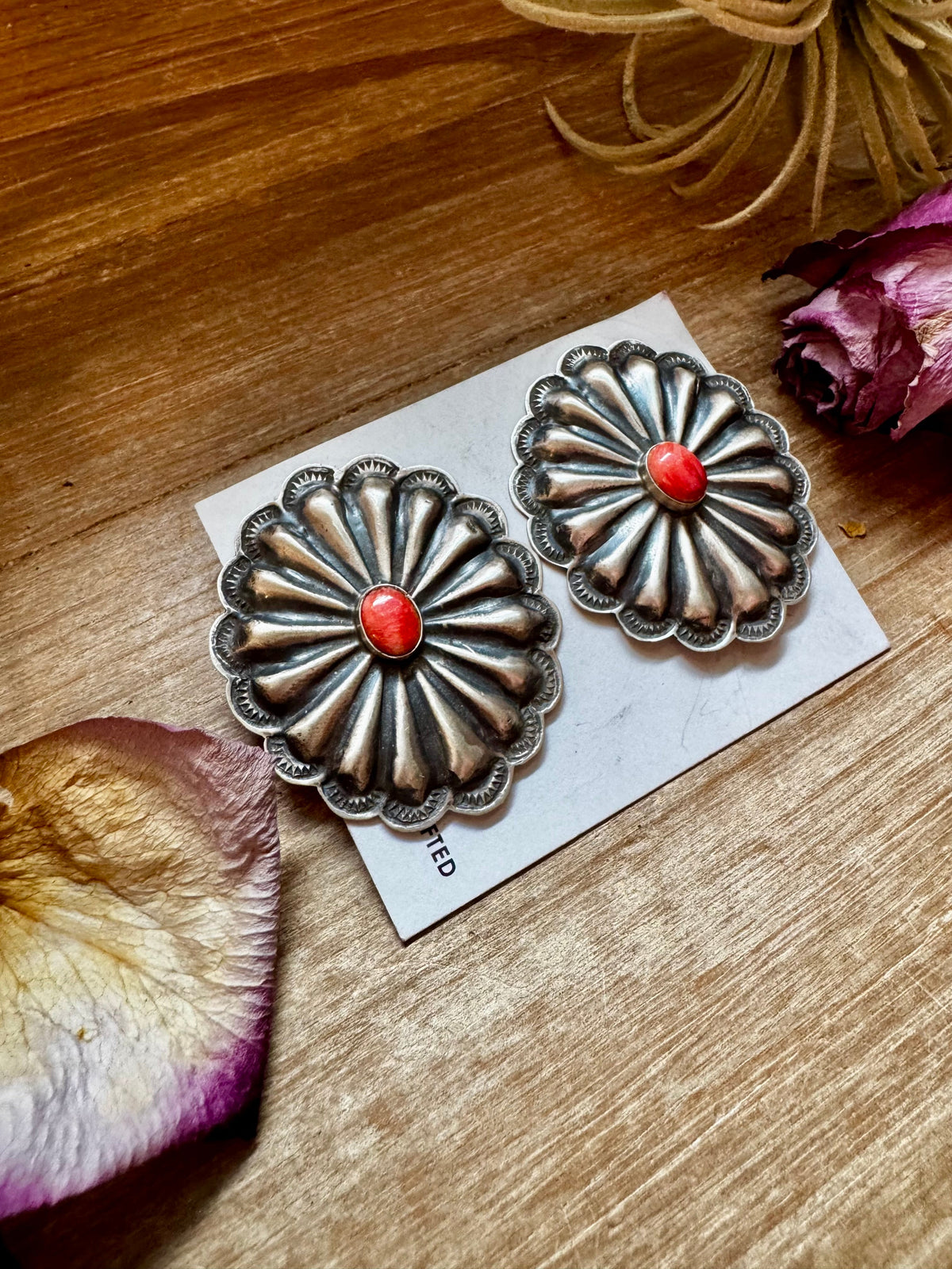 Large Concho Earrings with Red Spiny Oyster – Sterling Silver — product photo.