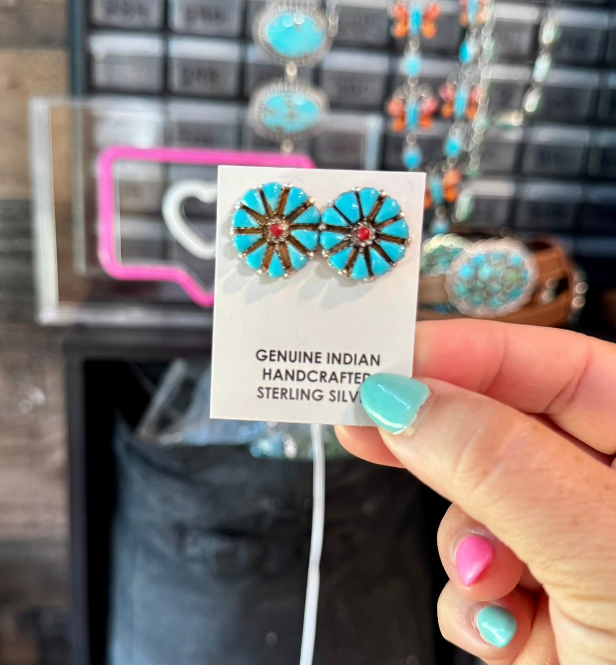 Blue Magnesite Turquoise & Red Cluster Stud Earrings — product photo.