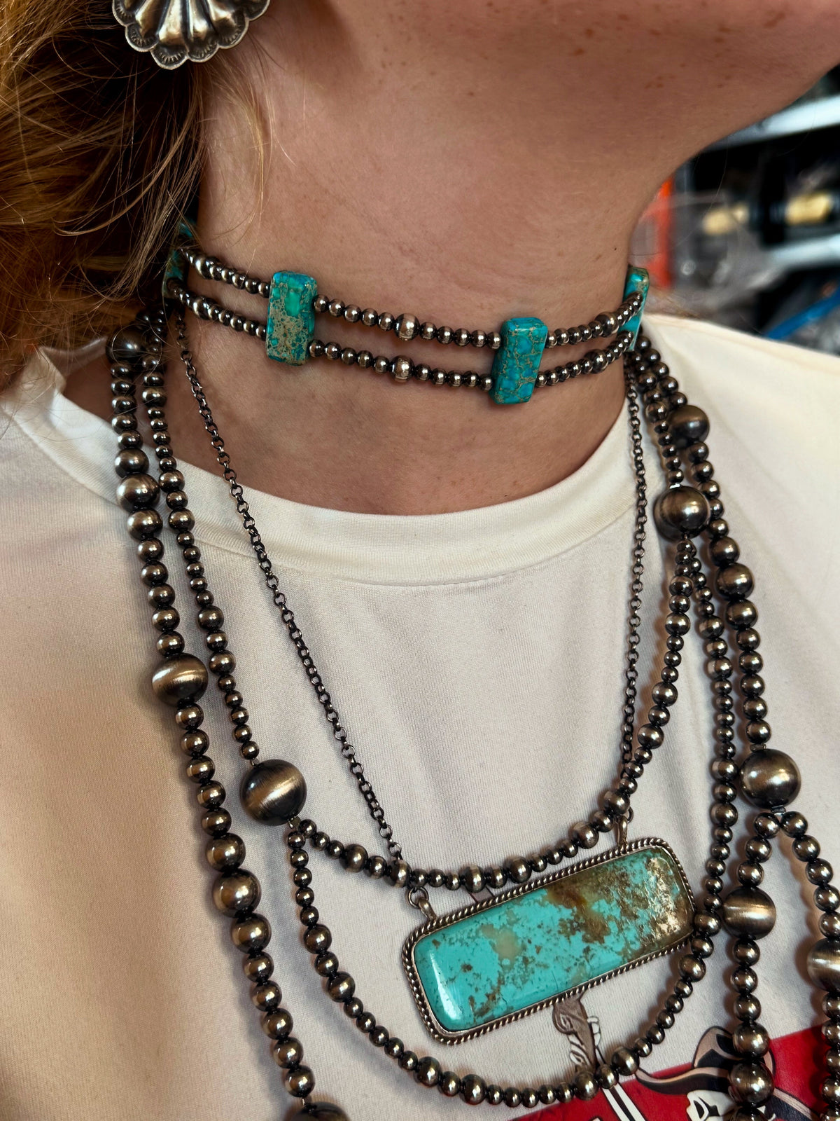 Double Strand Necklace – 13” Beaded – Sterling Silver Pearls & Rectangle Variscite Turquoise — product photo.