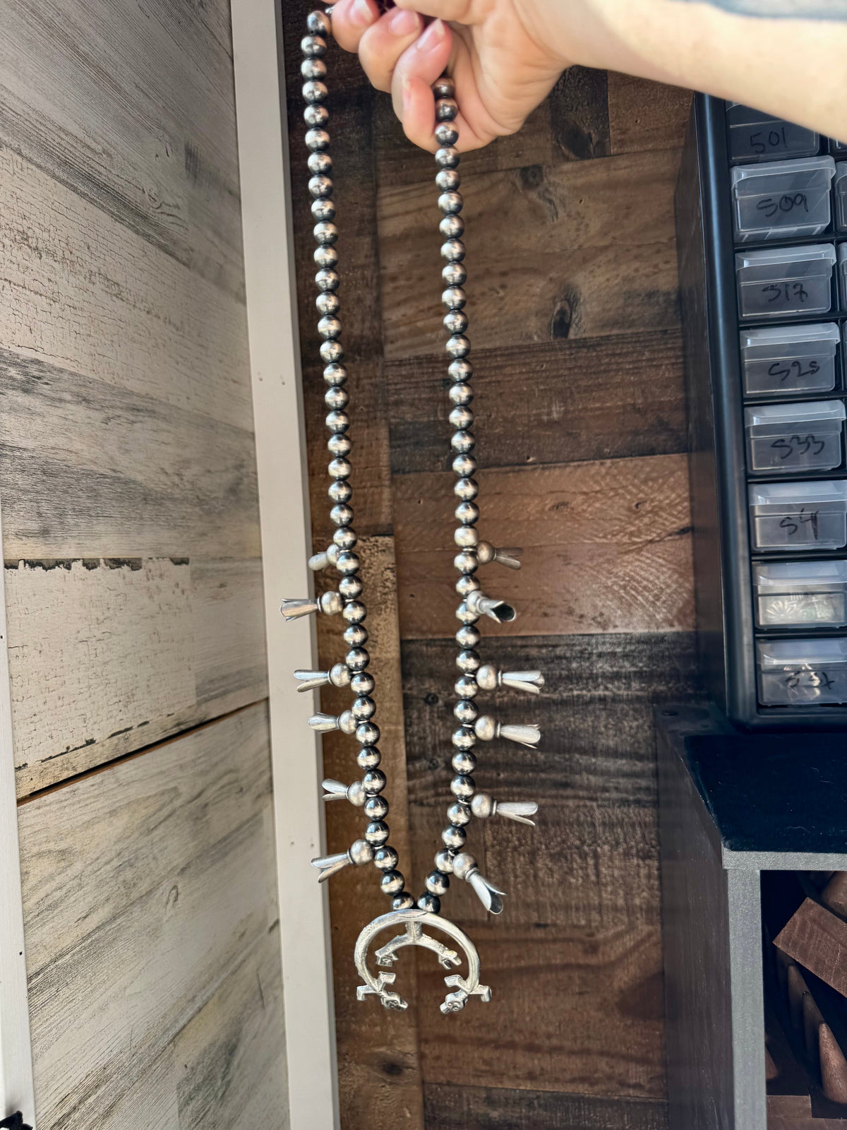 Squash Blossom–Style Necklace – Sterling Silver – 10mm Beads – 30" — product photo.
