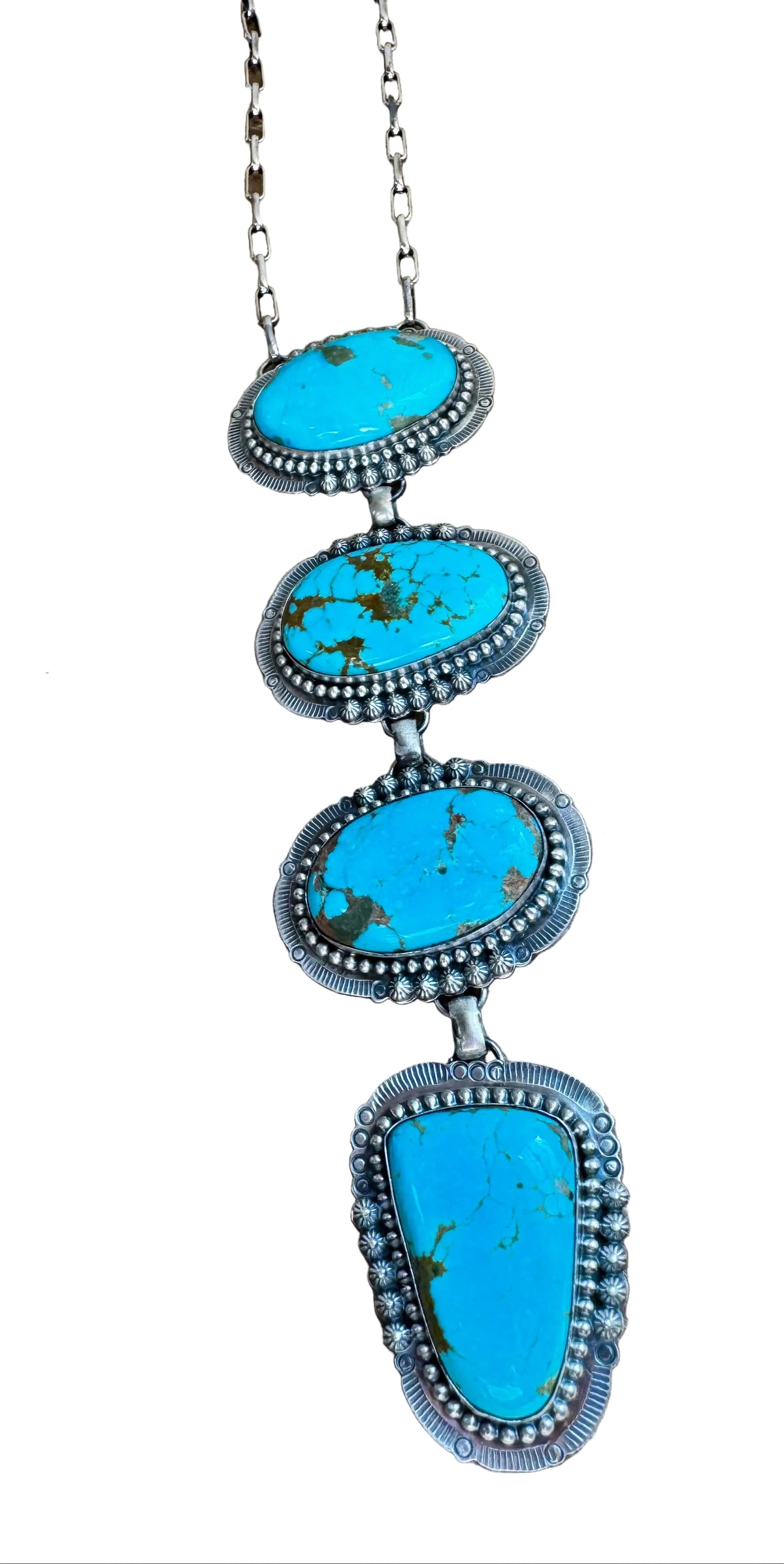 Massive Lariat Necklace – Kingman Turquoise – 19.5 Inch Sterling Silver Paperclip Chain – 8 Inch Drop – Native — product photo.