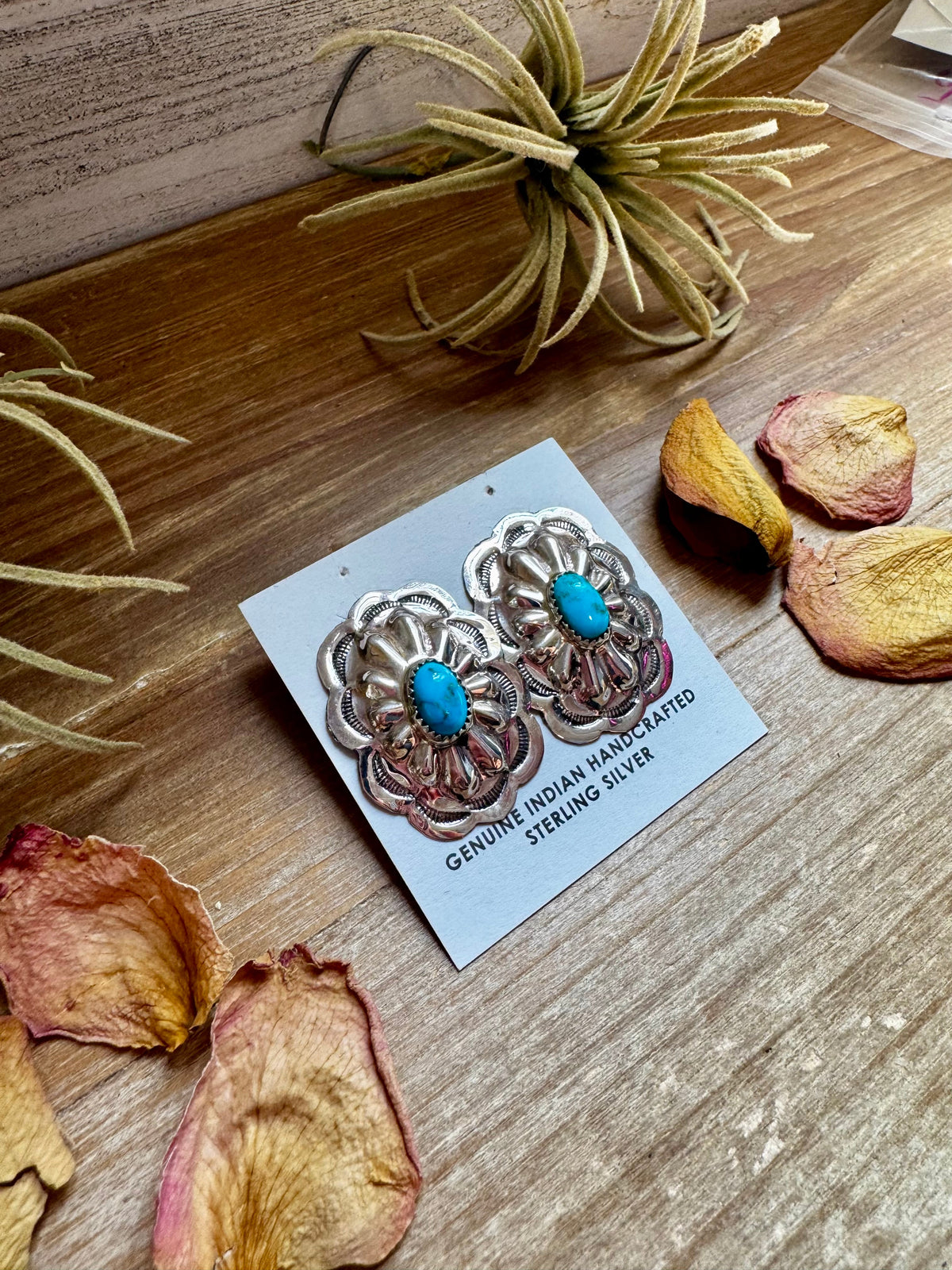 Rectangle Concho Earrings – Kingman Turquoise, Sterling Silver — product photo.