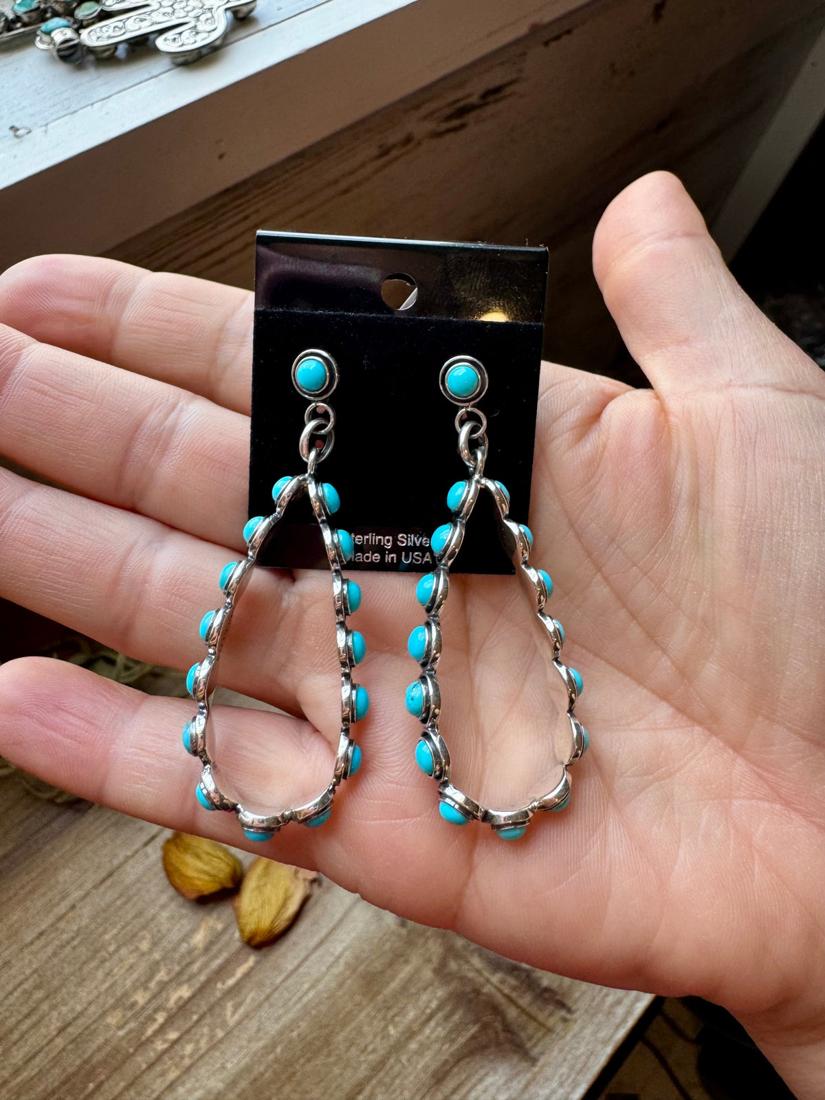 Kingman Turquoise Dangle Earrings – Sterling Silver, Lightweight, USA Made — product photo.
