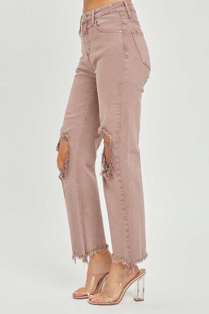Risen High Rise Knee Distressed Straight Pants - Mauve