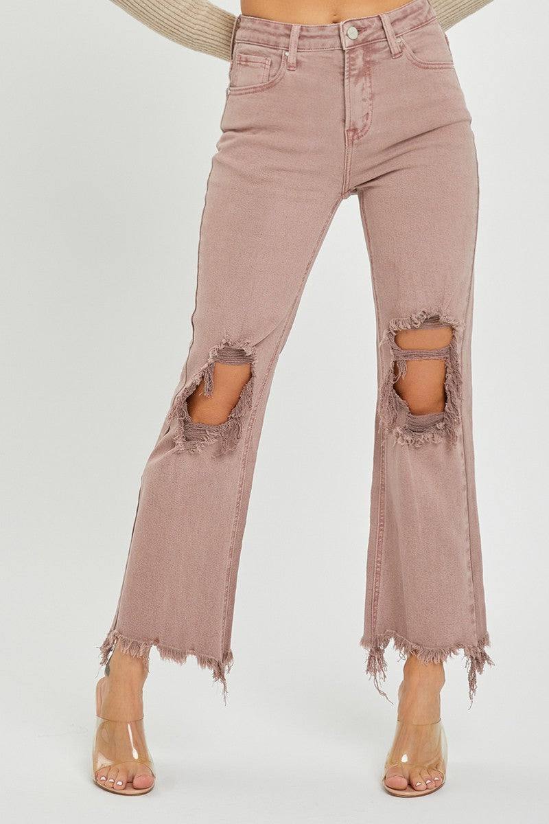 Risen High Rise Knee Distressed Straight Pants - Mauve