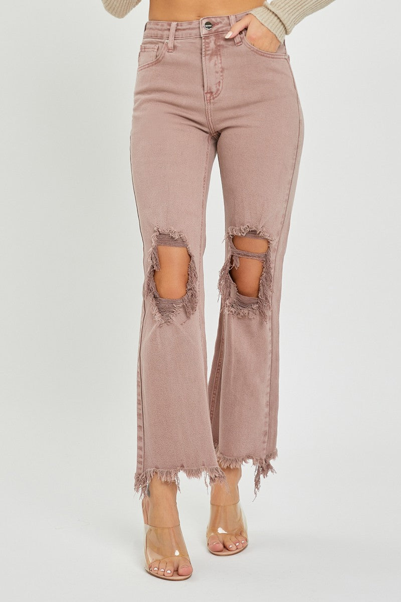 Risen High Rise Knee Distressed Straight Pants - Mauve