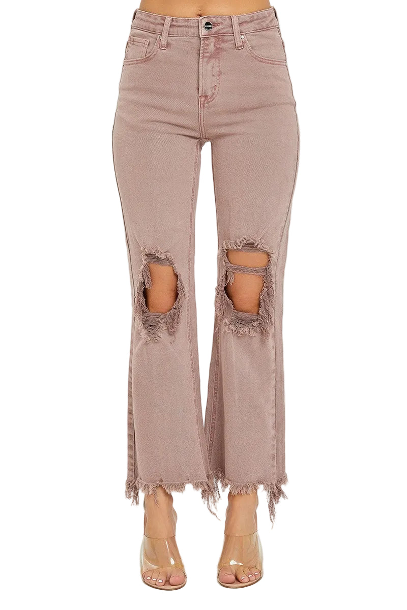Risen High Rise Knee Distressed Straight Pants - Mauve