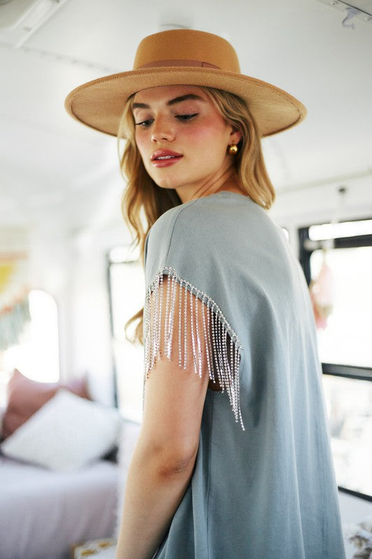 Free as a Bird Rhinestone Fringe Tee - Dusty Sage