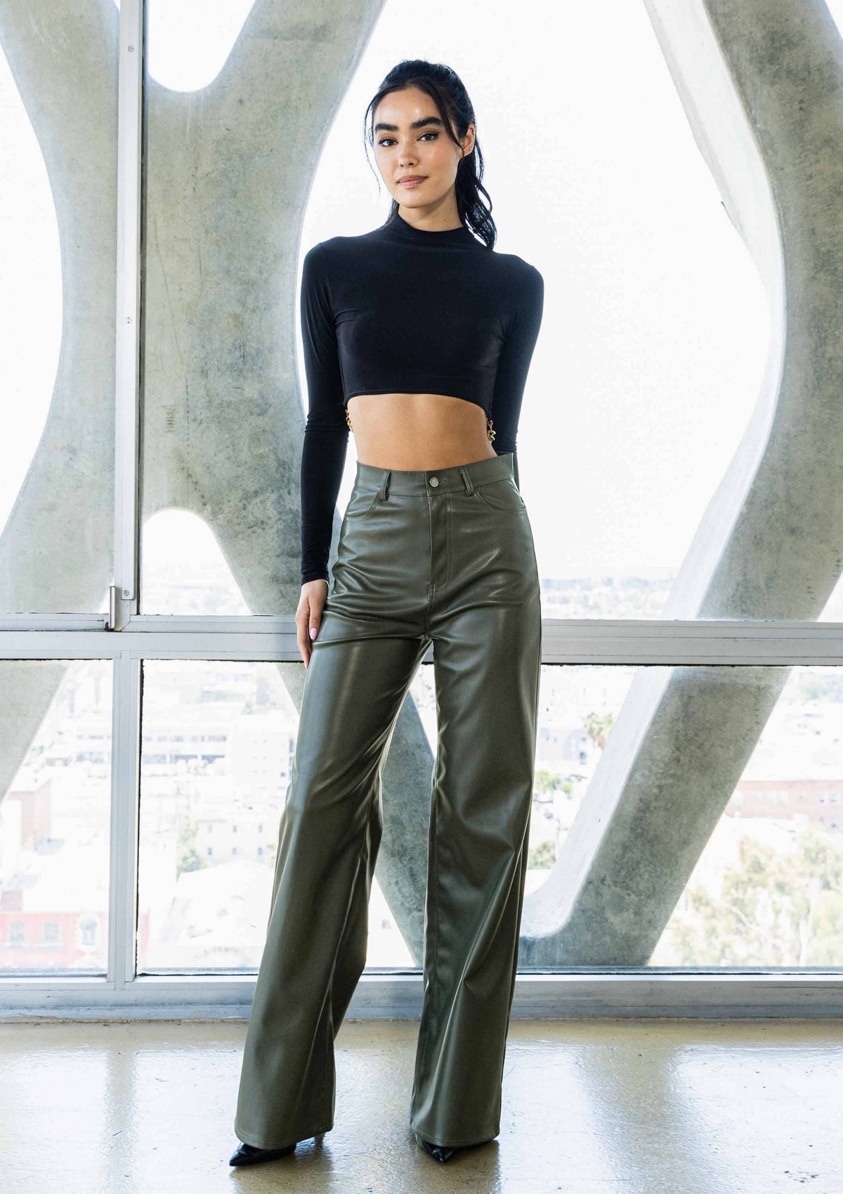 Faux Leather Wide Leg Pants: Black by Vibrant M.i.U
