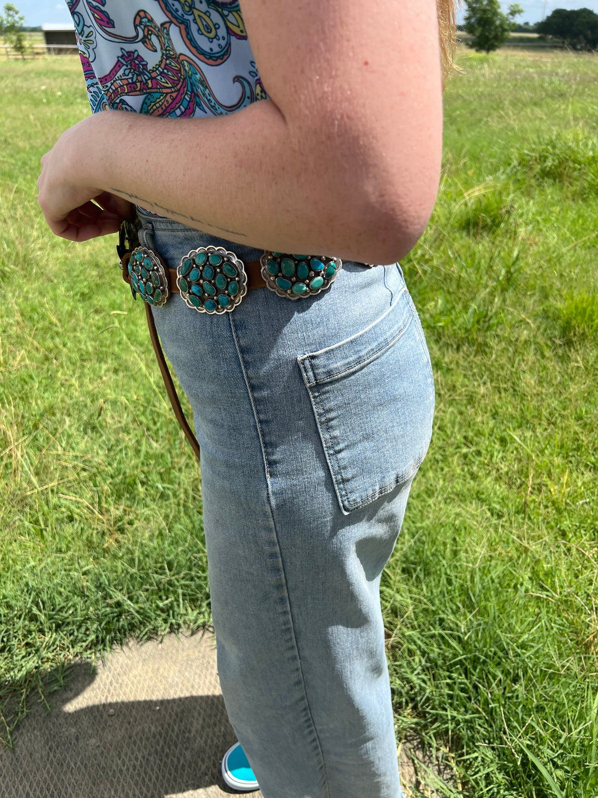 Turquoise Concho Belt – Sterling Silver – Native Made DM – One of a Kind — product photo.
