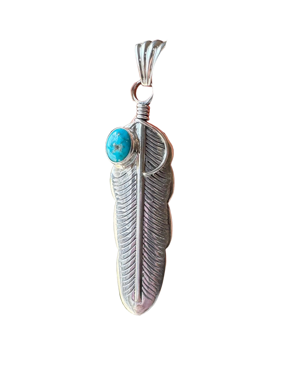 Feather Pendant – Kingman Turquoise & Sterling Silver — product photo.