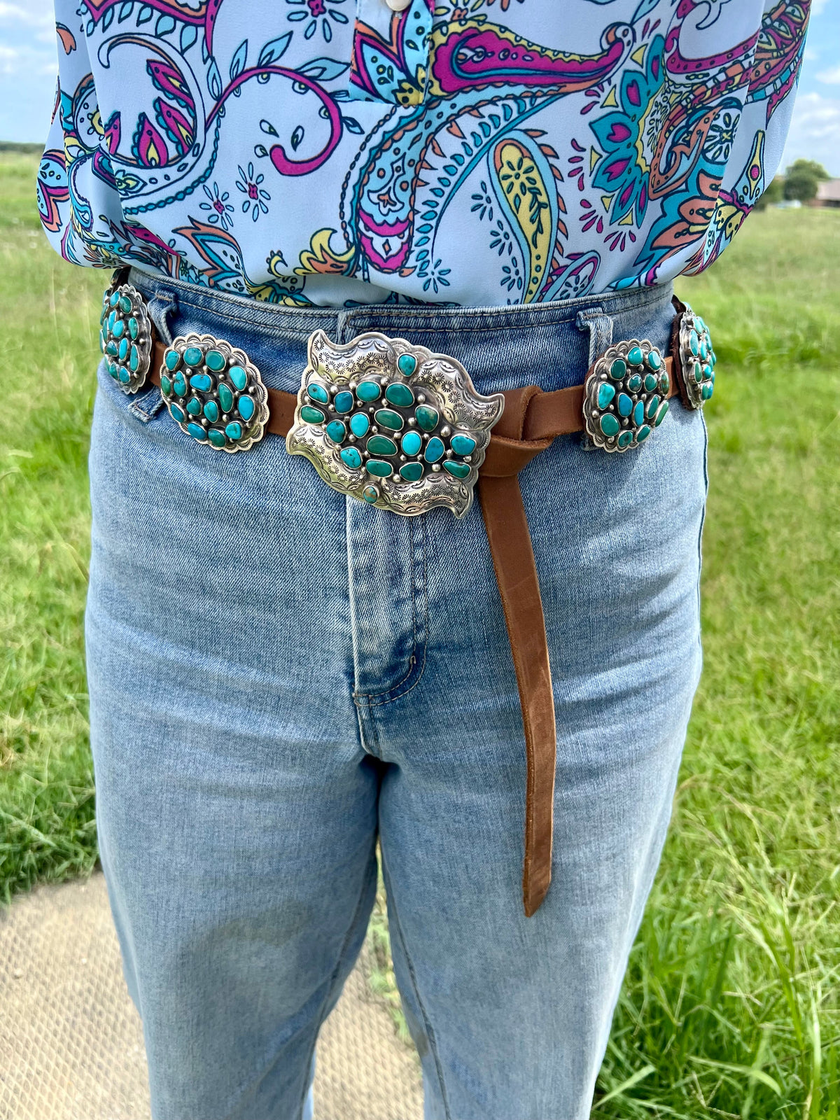Turquoise Concho Belt – Sterling Silver – Native Made DM – One of a Kind — product photo.