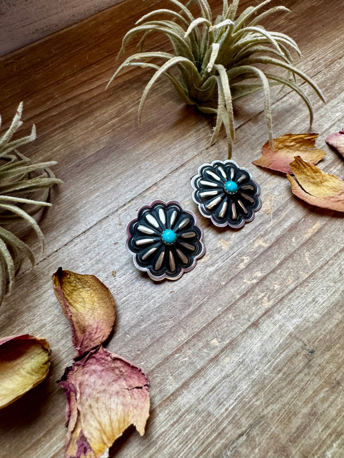 Large Concho Stud Earrings – Turquoise & Sterling Silver — product photo.