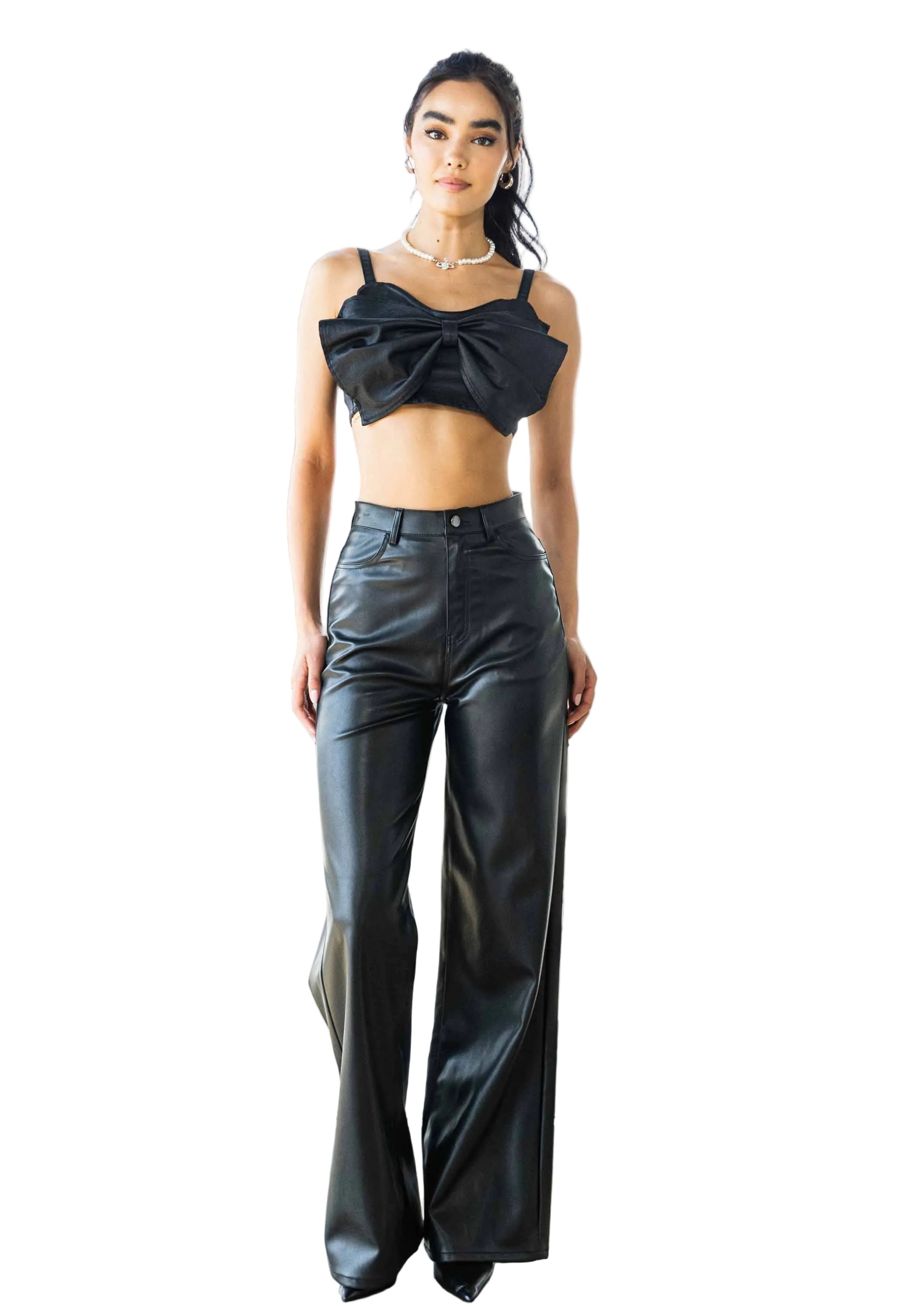 Faux Leather Wide Leg Pants: Black by Vibrant M.i.U