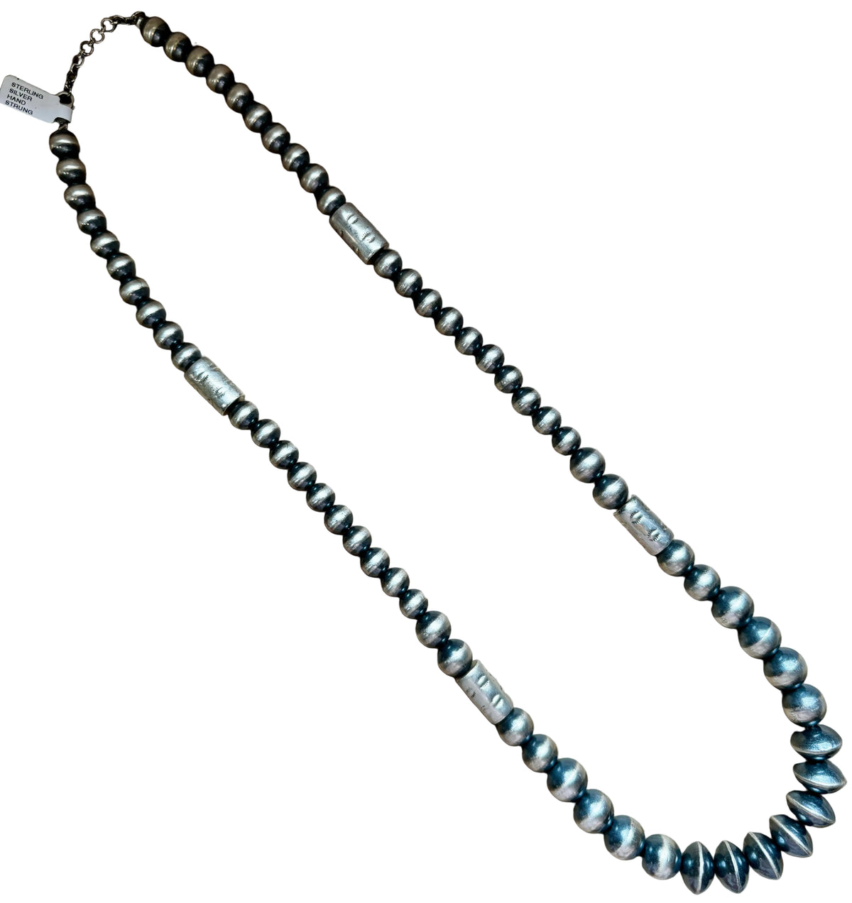Sterling silver pearls - 30 inch with barrel beads — product photo.