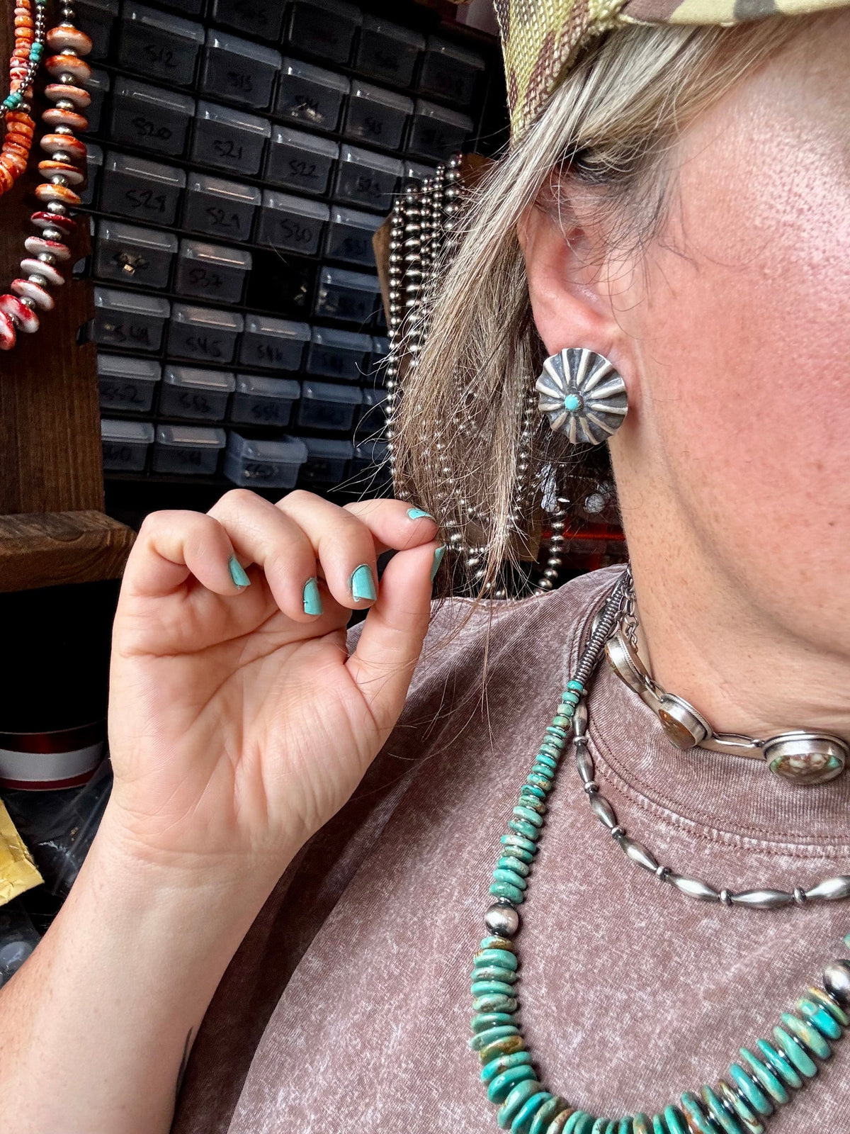 Concho Earrings – Kingman Turquoise & Sterling Silver — product photo.
