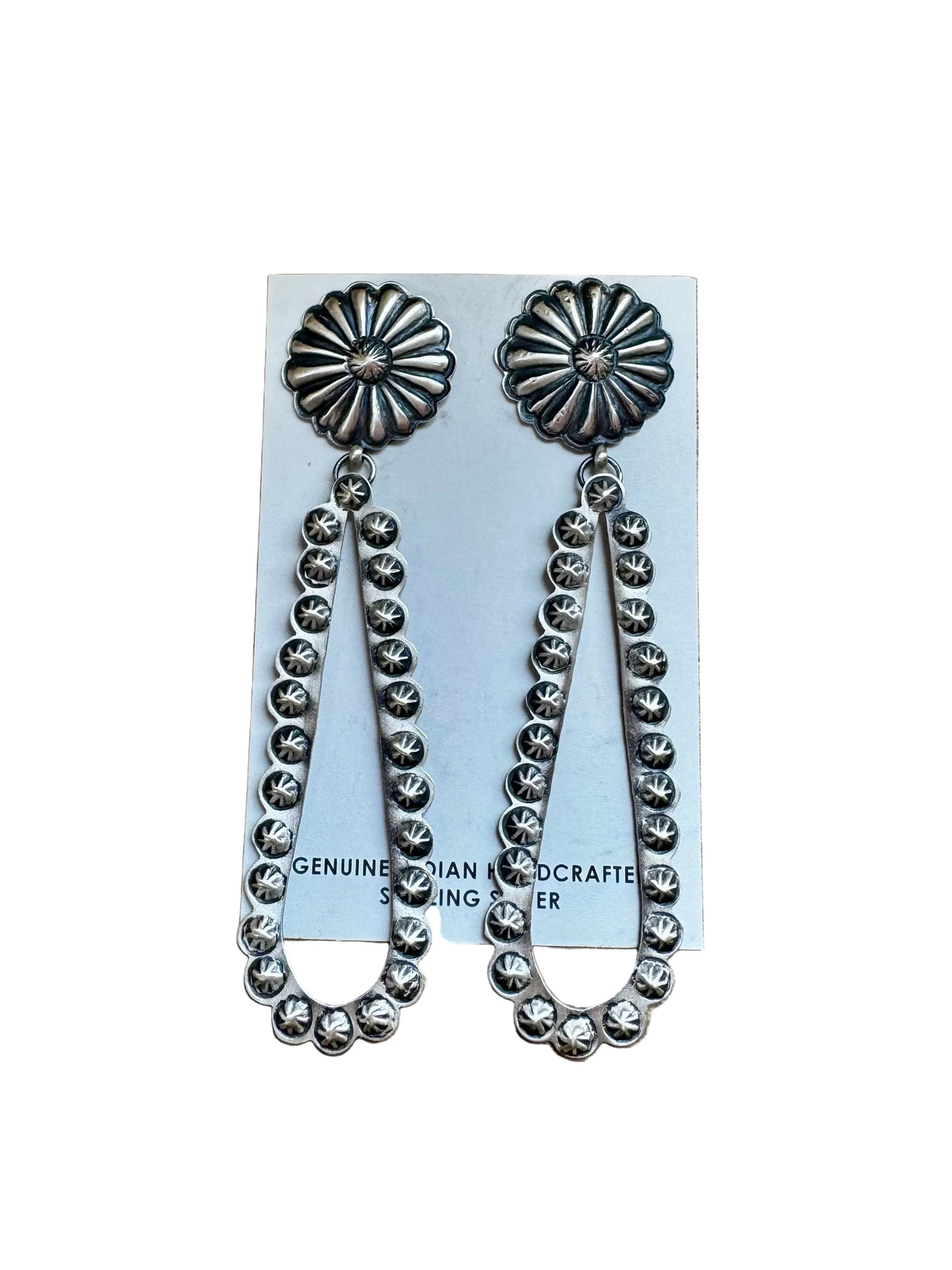 Eugene Charley Navajo Concho & Teardrop Dangle Earrings – Sterling Silver — product photo.