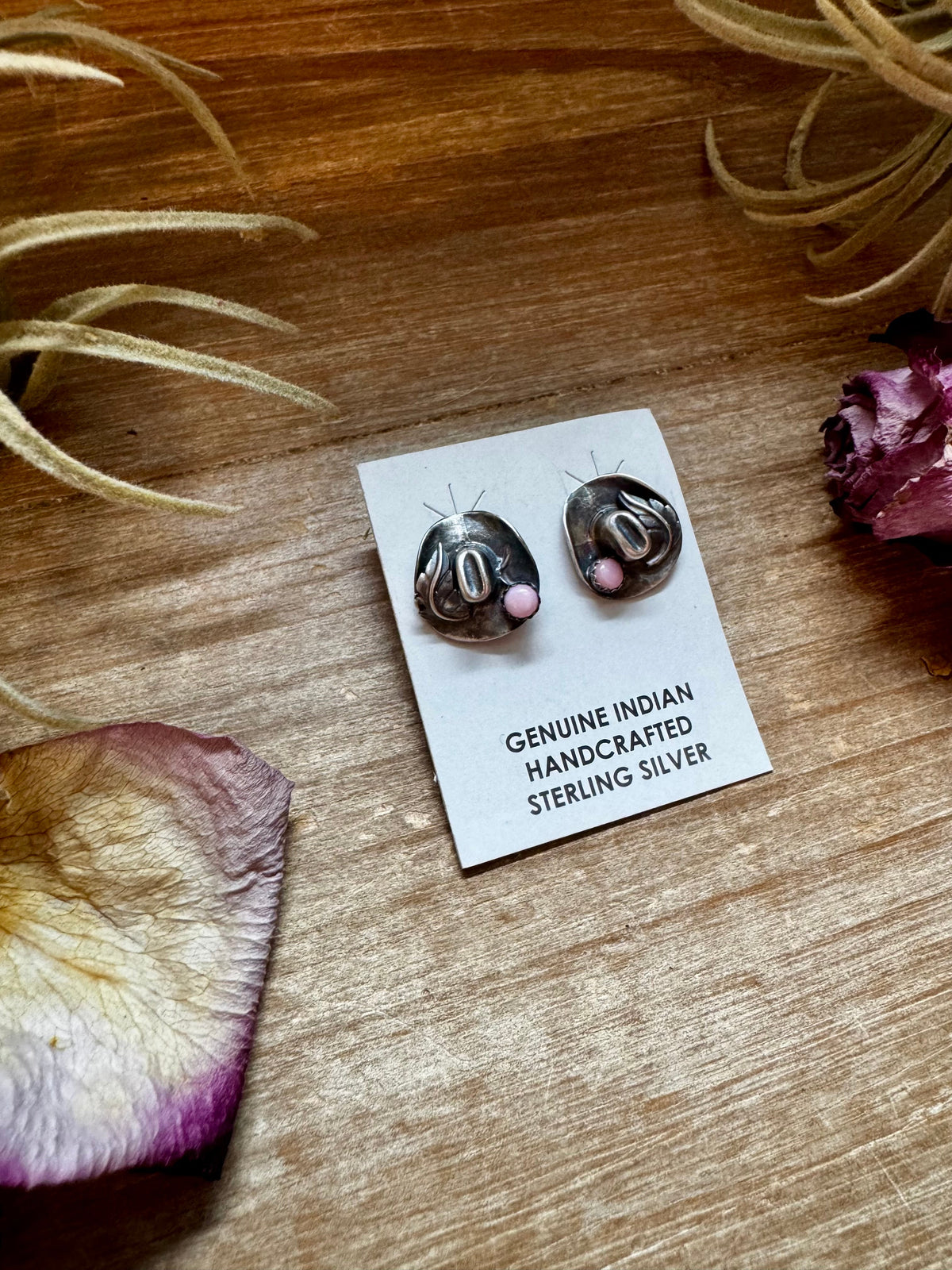 Mini Cowboy Hat Stud Earrings with Pink Conch — product photo.