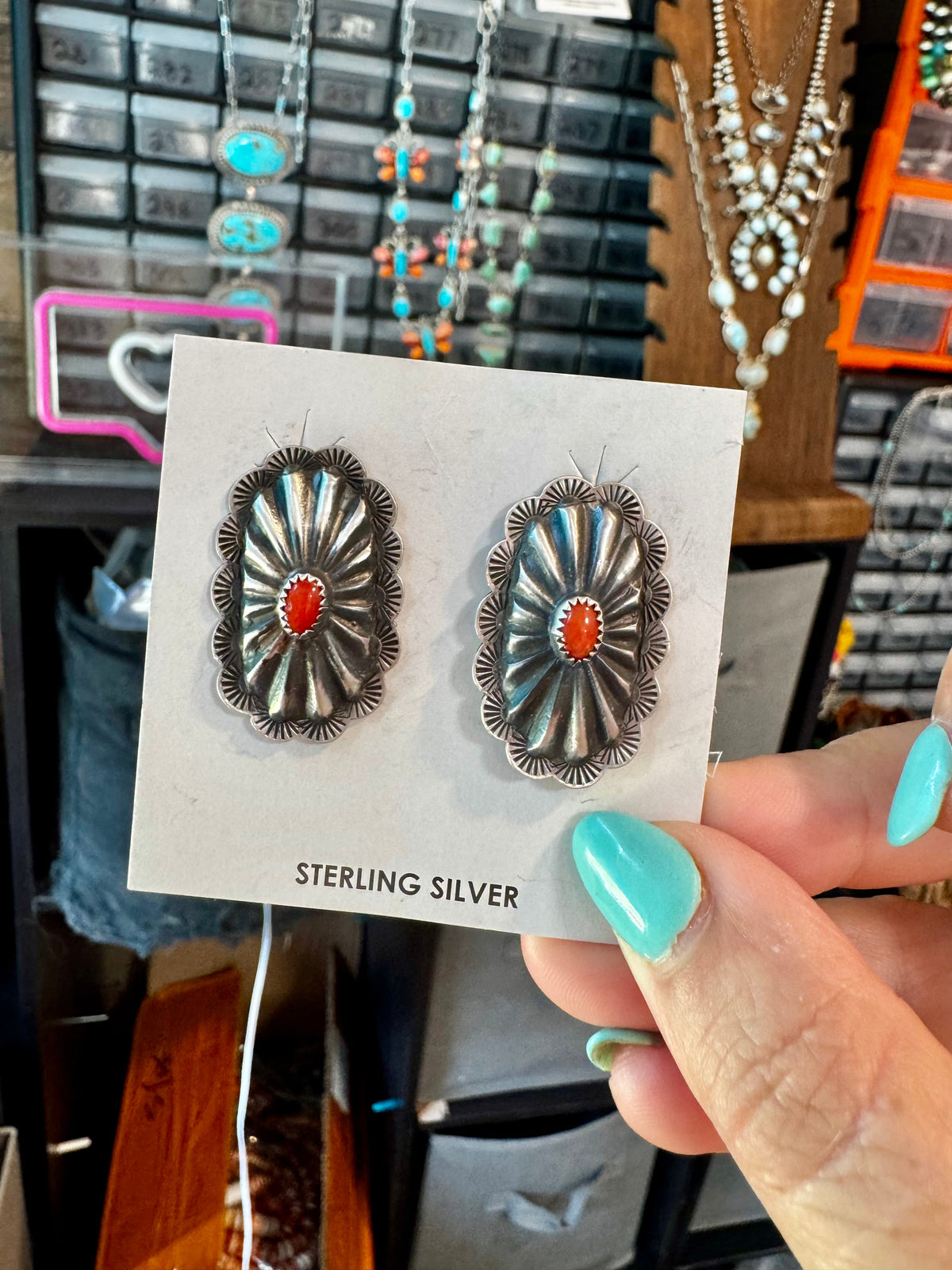 Red Stud Earrings Concho earrings – Sterling Silver — product photo.