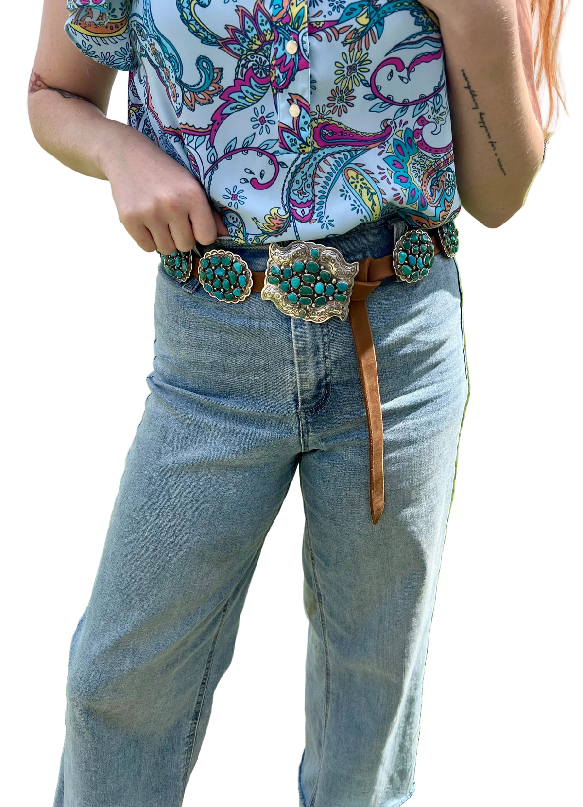 Turquoise Concho Belt – Sterling Silver – Native Made DM – One of a Kind — product photo.