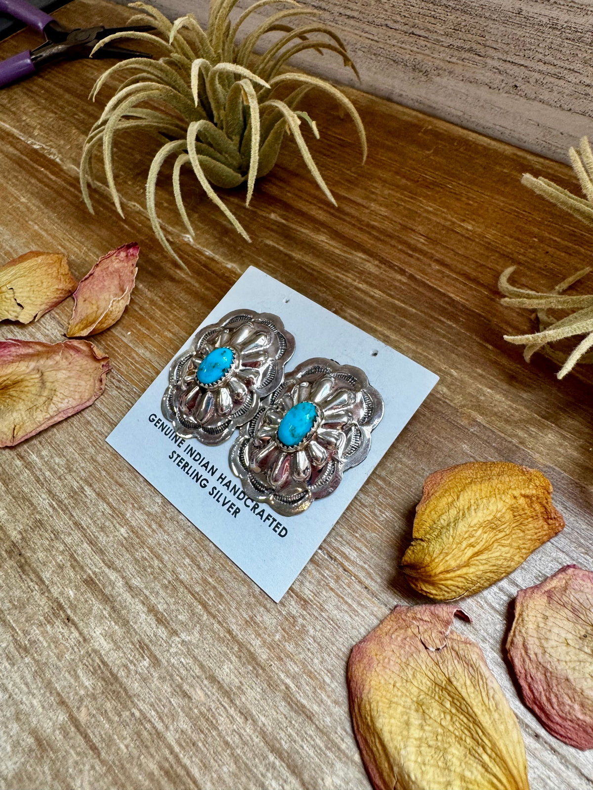 Rectangle Concho Earrings – Kingman Turquoise, Sterling Silver — product photo.