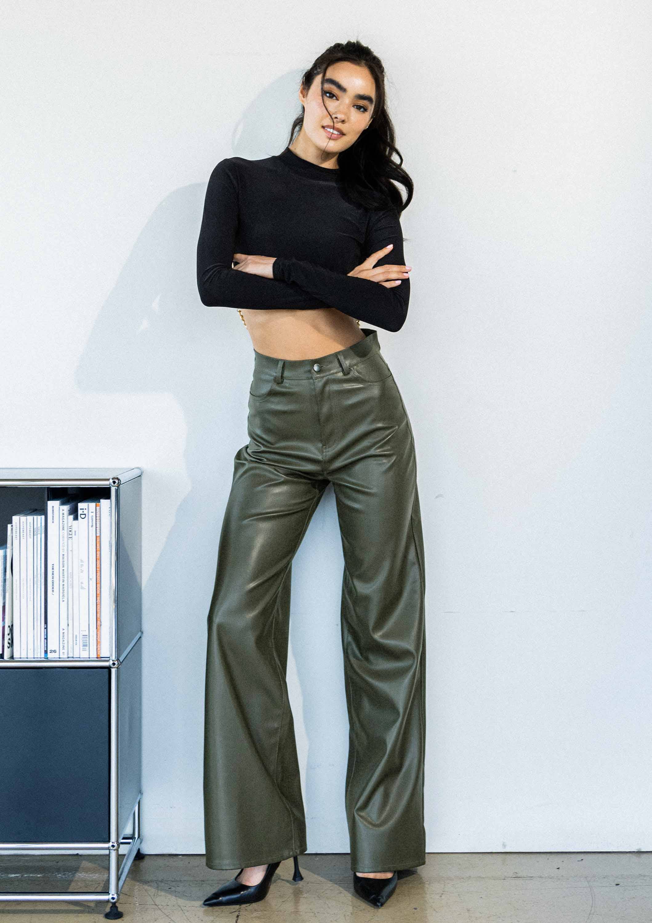 Faux Leather Wide Leg Pants: Black by Vibrant M.i.U