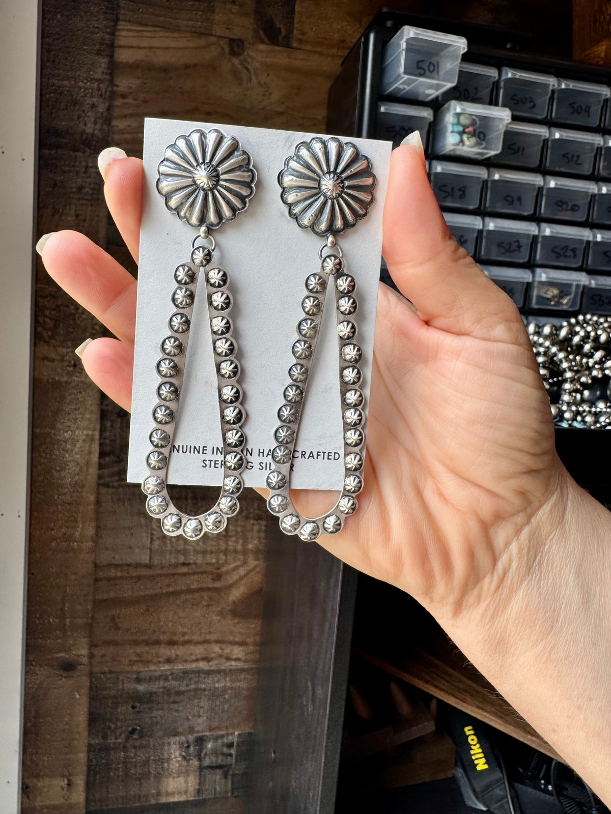 Eugene Charley Navajo Concho & Teardrop Dangle Earrings – Sterling Silver — product photo.