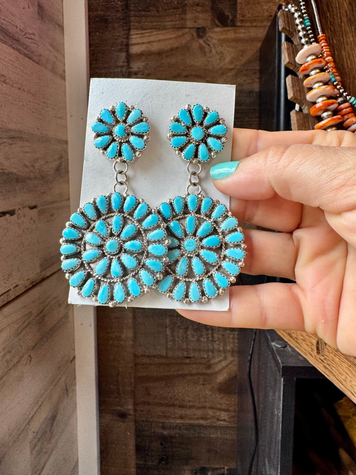 Big Cluster Dangle Earrings – Sleeping Beauty Turquoise & Sterling Silver — product photo.