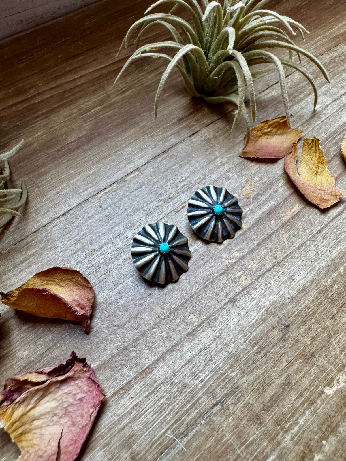 Concho Earrings – Kingman Turquoise & Sterling Silver — product photo.