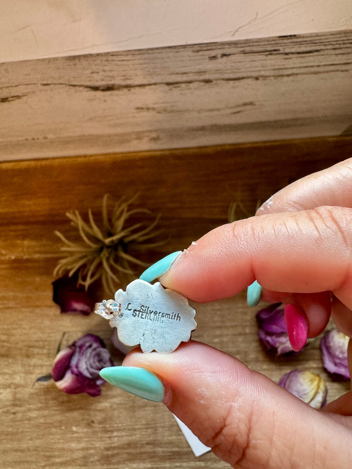 Kingman Turquoise & Silver Pearl Stud Earrings – Sterling Silver – Native Made by L. Silversmith — product photo.
