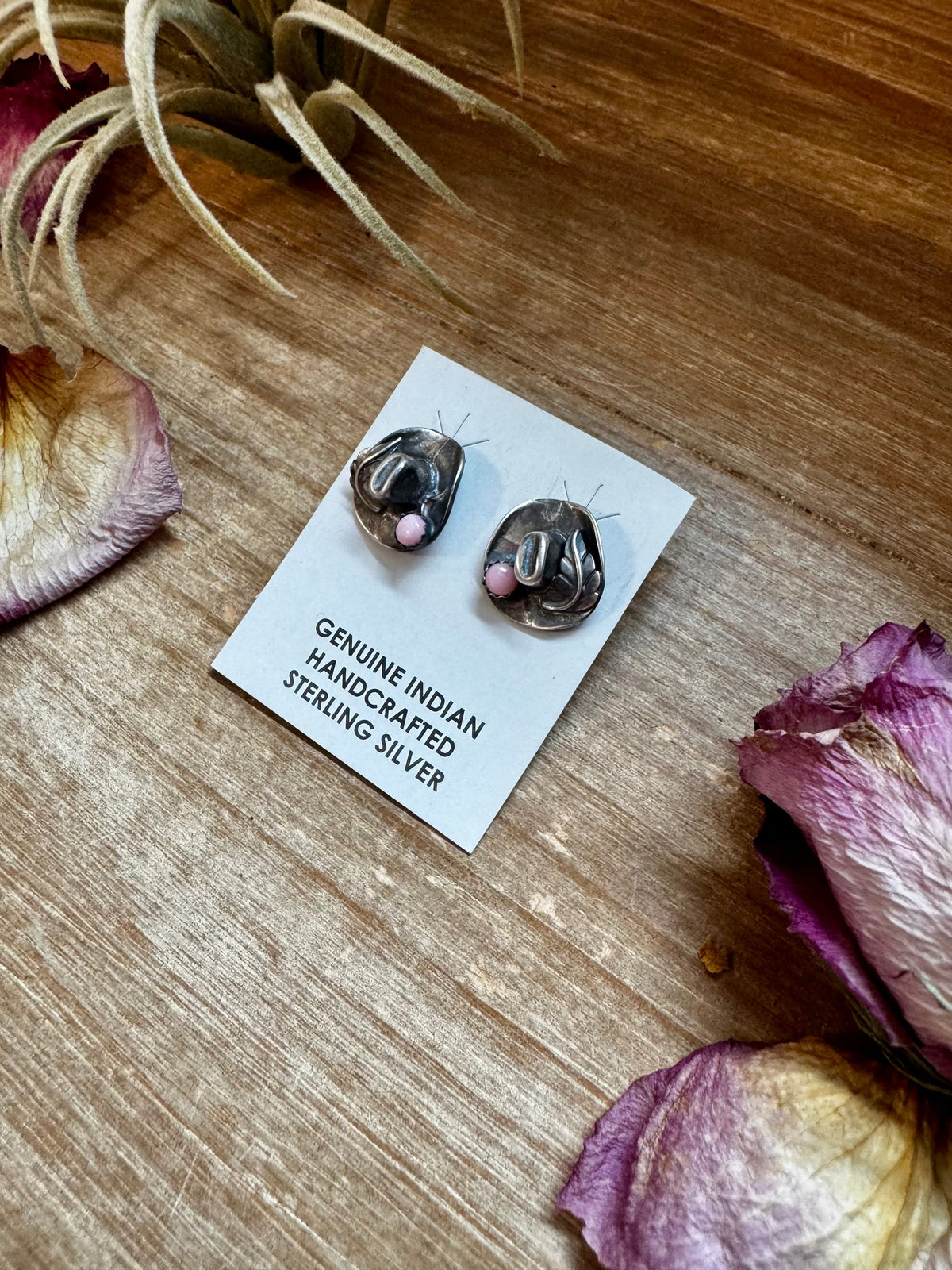 Mini Cowboy Hat Stud Earrings with Pink Conch — product photo.
