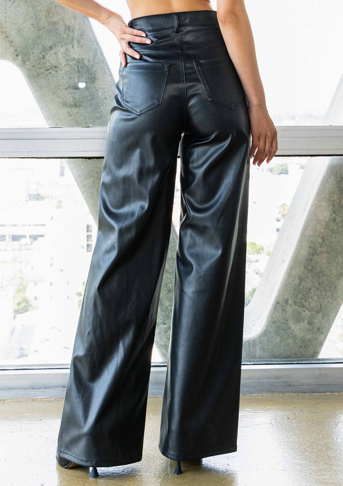 Faux Leather Wide Leg Pants: Black by Vibrant M.i.U