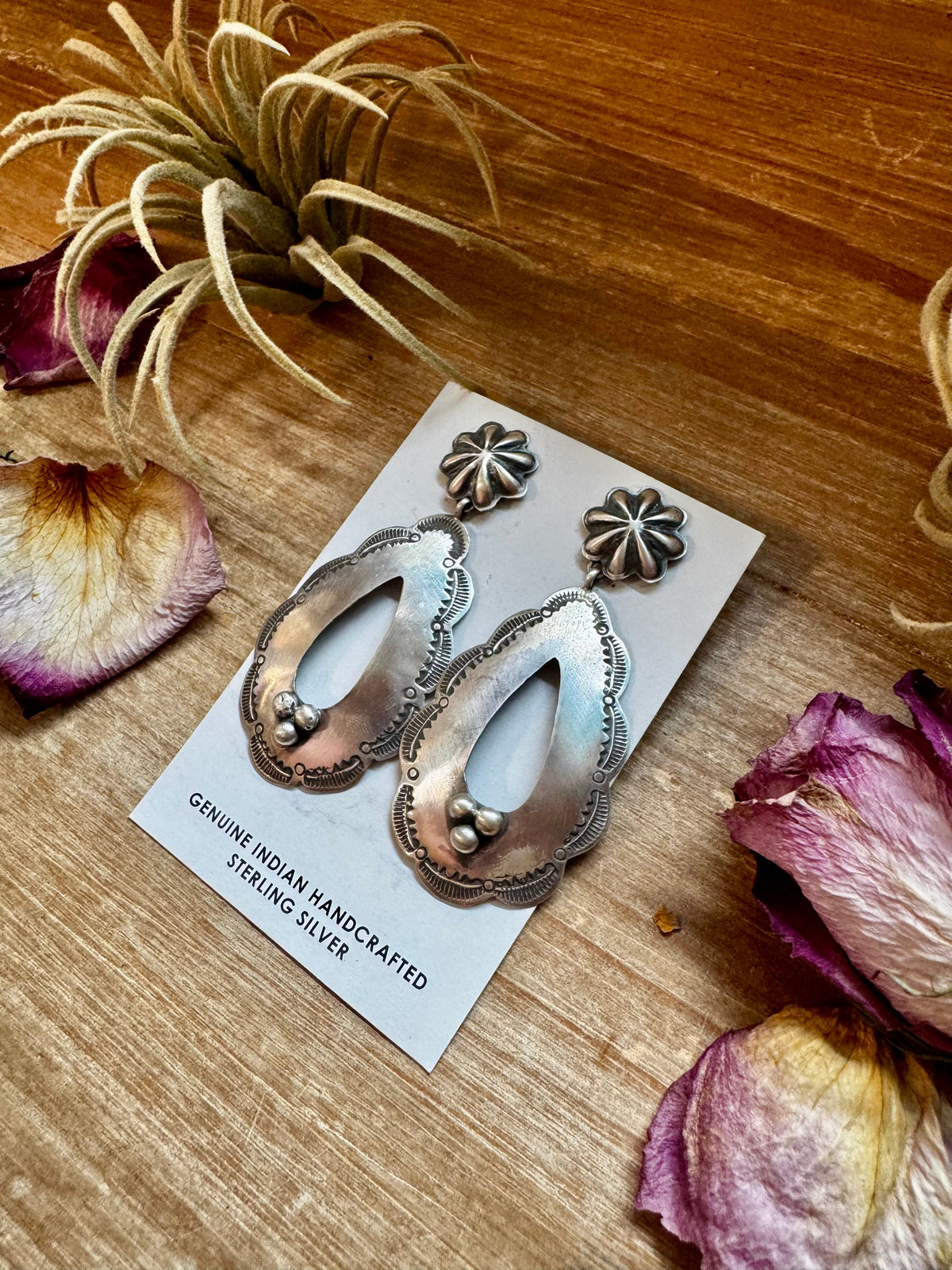 Concho & Teardrop Dangle Earrings – Sterling Silver — product photo.