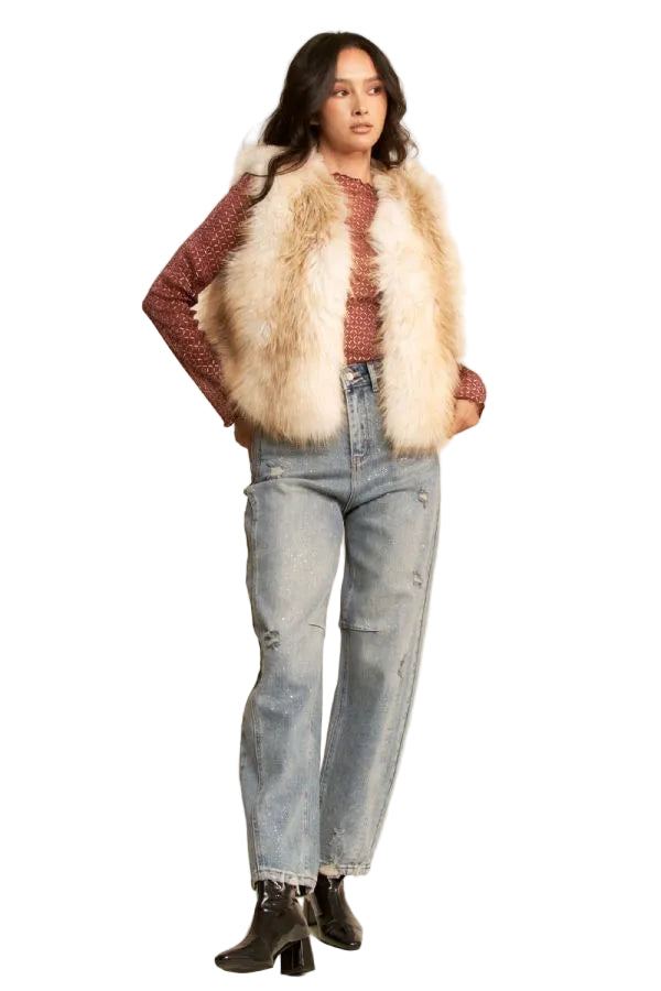 White Taupe Faux Fur Statement Vest / Western Boho Layering Vest