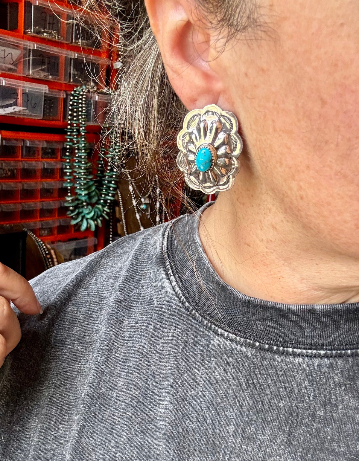 Rectangle Concho Earrings – Kingman Turquoise, Sterling Silver — product photo.